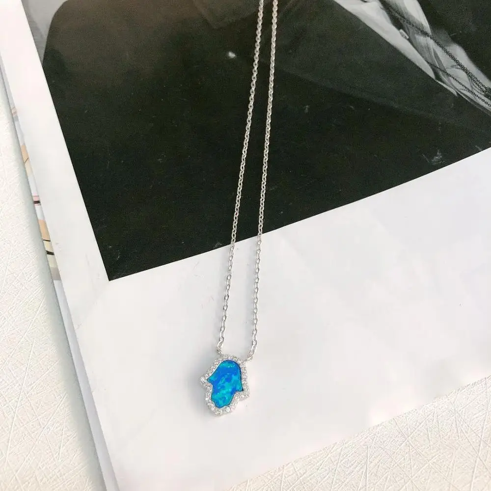Fashion 925 Sterling Silver Necklace Zircon Blue Fire Opal Fatima Hamsa Hand Chokerwomen chain charm Pendant Lucky Gift | Украшения и