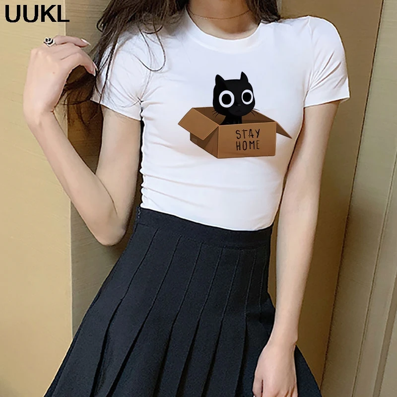 Женская летняя футболка 2020 женская в стиле Харадзюку Kawaii Stay Home Cat красивая