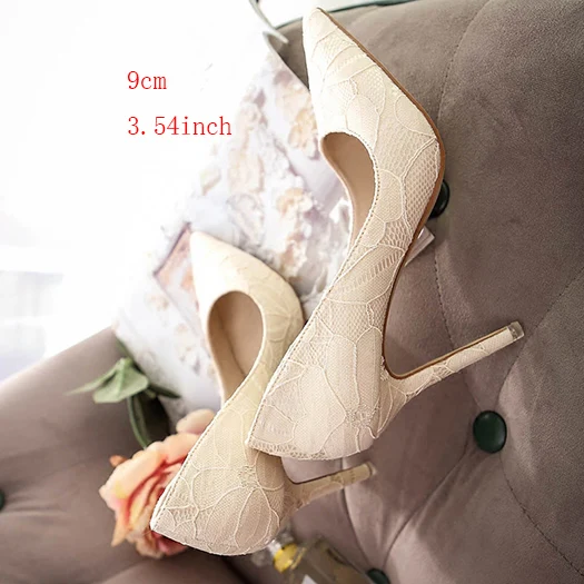 beige 9cm Г. Туфли-лодочки «Kitty scarpin» тонкий размер 4, 34, сетчатая женская новая цвет слоновая кость свадебное кружевное обувь высокий каблук, черный, выпускной, 3 дюйма, средний острый носок - Цвет: beige 9cm