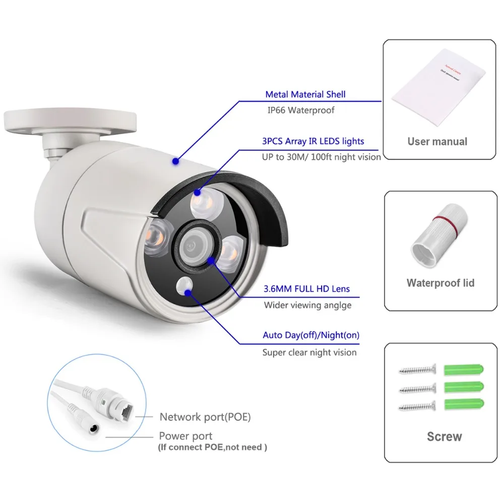 AZISHN 5MP Bullet POE IP Security Face Detection Camera Audio Built in Microphone H.265AI Outdoor CCTV Security Camera IR 30m security camera system