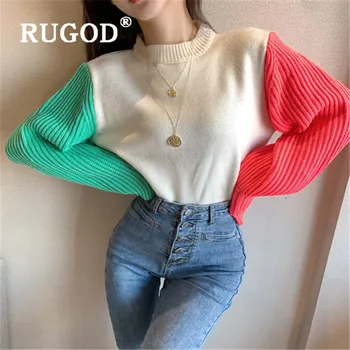 

RUGOD New Korean Style Contrast Color O-neck Loose Simplee Elegant Sweater Knitwear Winter Tops For Women Fashion 2019
