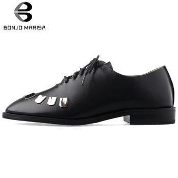 

BONJOMARISA Brand New 2020 Ladies Black Genuine Leather Pumps Women Decorating Fingers Pumps Casual Low Heel OL Shoes Woman