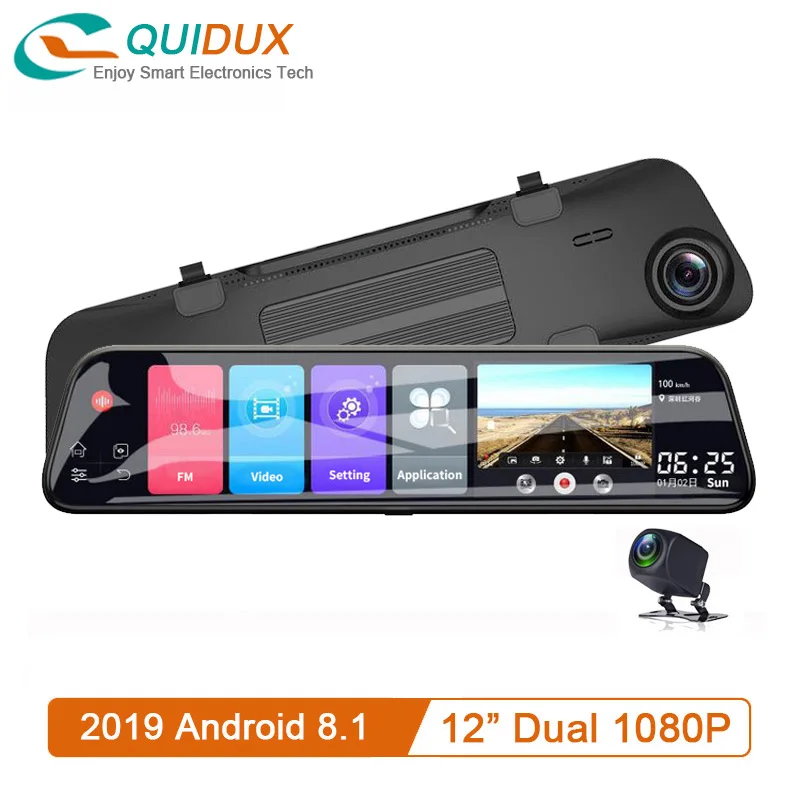 12 inch Full Screen 4G Touch IPS Special Car Dash Cam Rear View Android 8.1 Mirror with WiFi GPS Navi Bluetooth Music Dual Lens