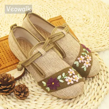 

Veowalk New Flower Embroidered Women Breathable Flats Slip On Cotton Fabric Linen Comfortable Old Peking Ballerina Flat Shoes