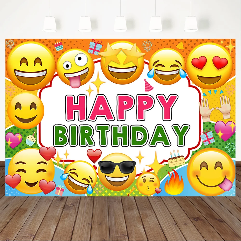 

Cartoon Yellow Emoji Birthday Party Photography Backdrop Custom Kid Digital Emoji Background Baby Shower Banner Photo Background
