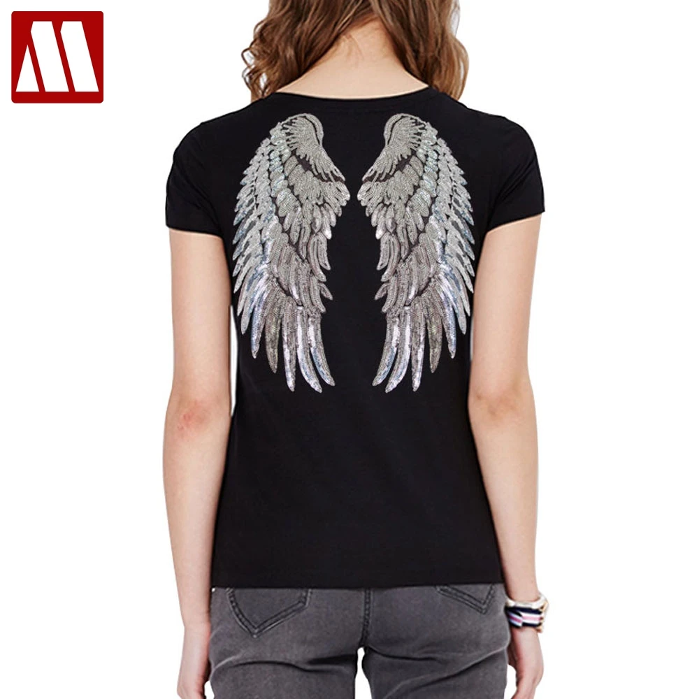 Fashion Sequin Angel Wings T-shirt Woman Causal Tops Novelty Half Sleeve O-neck T Shirt New Summer Loose Sexy Appliques T-shirts