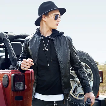 

GustOmerD New Autumn Men's Leather Jacket Slim Collar Long Sleeve Leather Jacket Solid Color Casual Simple Leather Jacket Men