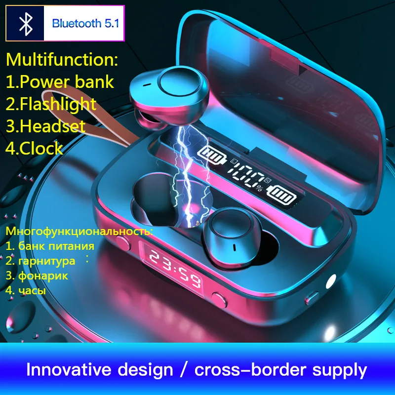 TWS Bluetooth Earphones Earbuds with 2200mAh Power Bank Charging Box Wireless Headphone 9D Stereo Sports Headset with Microphone