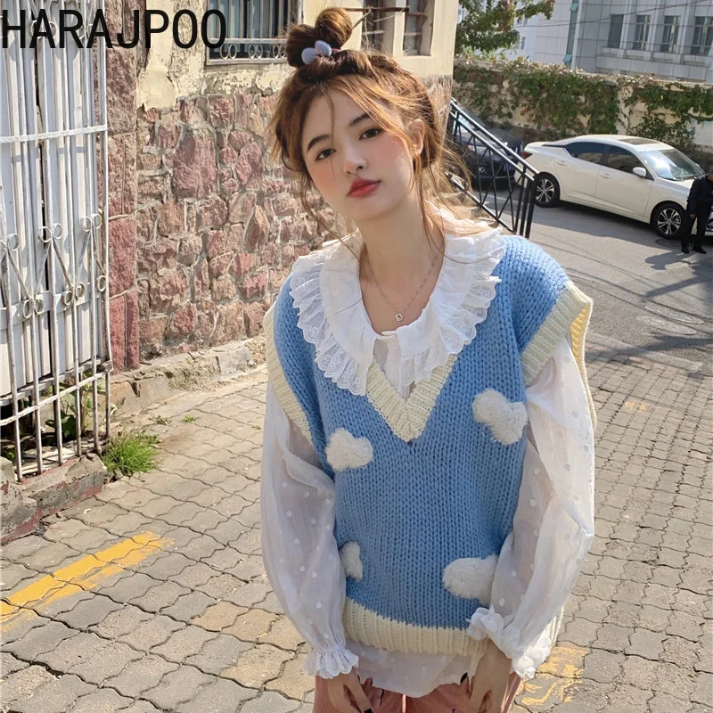 Vest Harajpoo Woman Y2k Plush Three Dimensional Decoration Loose Knitted Fall Winter 2021 New Fashion Sweater Waistcoat V Neck |