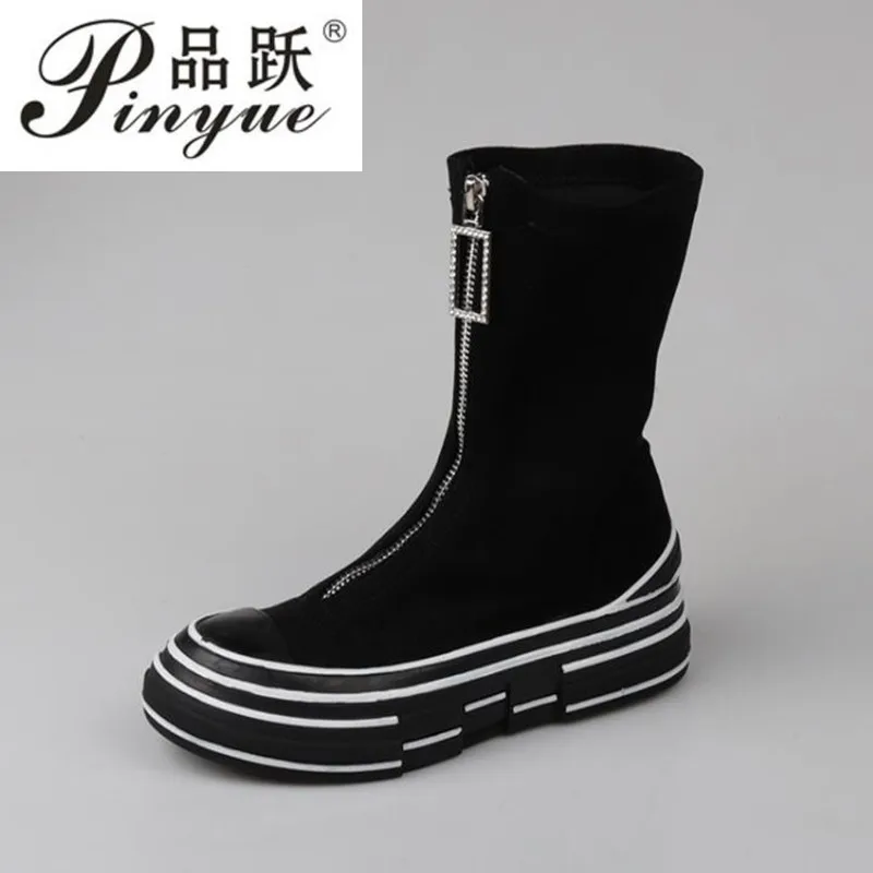 

2019 Round Toe Crystal Front Zipper Stretch Fabric Striped Single Women Short Boots New Spring Autumn Fashion Tide boots