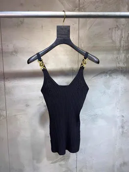 

Metal Buttons Decoration Knitted Camis Women 2020 New Black Slim Ladies Sexy Tank Top V-neck Female Knitwear