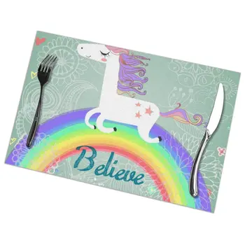 

6 Pcs Placemat Table Mat Cute Unicorn With Rainbow For Tables Heat-insulation Linen Kitchen Dining Pads