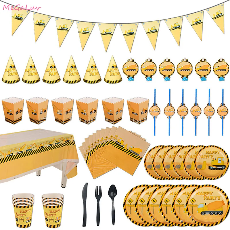 Строительный экскаватор бумажный стаканчик, тарелка, одноразовая посуда, набор для детской вечеринки на день рождения, воздушные шары, принадлежности для мальчиков