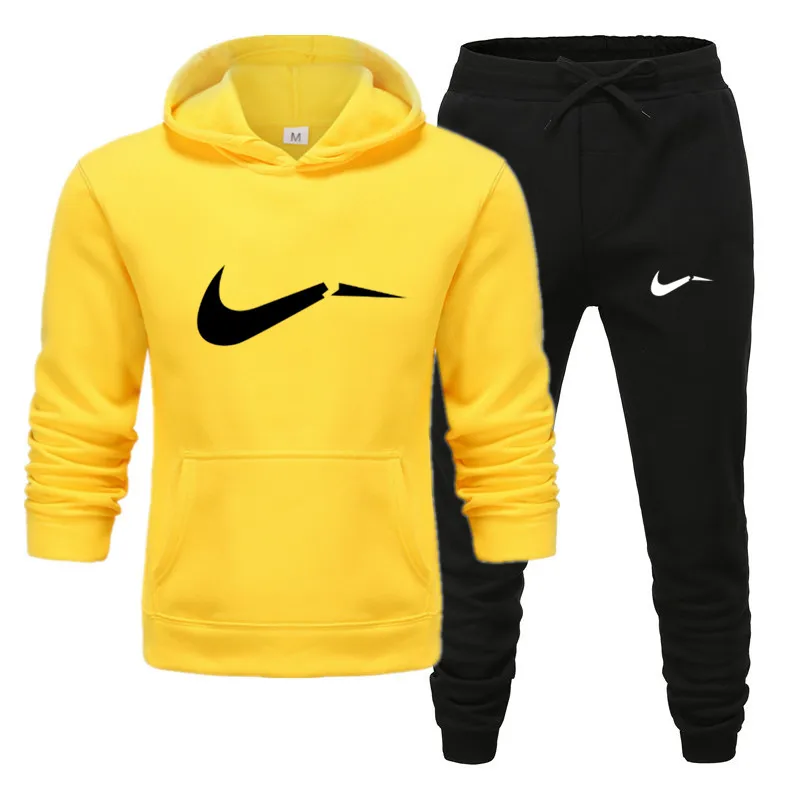 Yellow-H Комплект из двух предметов, спортивный костюм, мужской спортивный костюм, свободная спортивная одежда, мужской зимний костюм для фитнеса, Теплая мужская брендовая одежда, толстовки+ штаны, комплекты - Цвет: Yellow-H