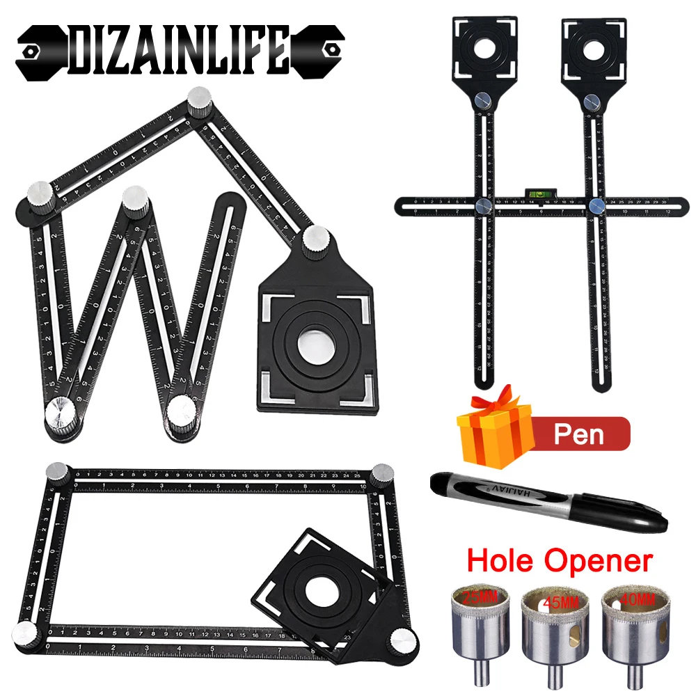 KDABJD Aluminum Alloy Six-Sided Ruler Measuring Instrument Template Angle Tool Mechanism Slides with Hole Locator Drill Guide Tile Hole KDABJD Aluminum Alloy Six-Sided Ruler Measuring Instrument Template Angle Tool Mechanism Slides with Hole Locator Drill Guide Tile Hole