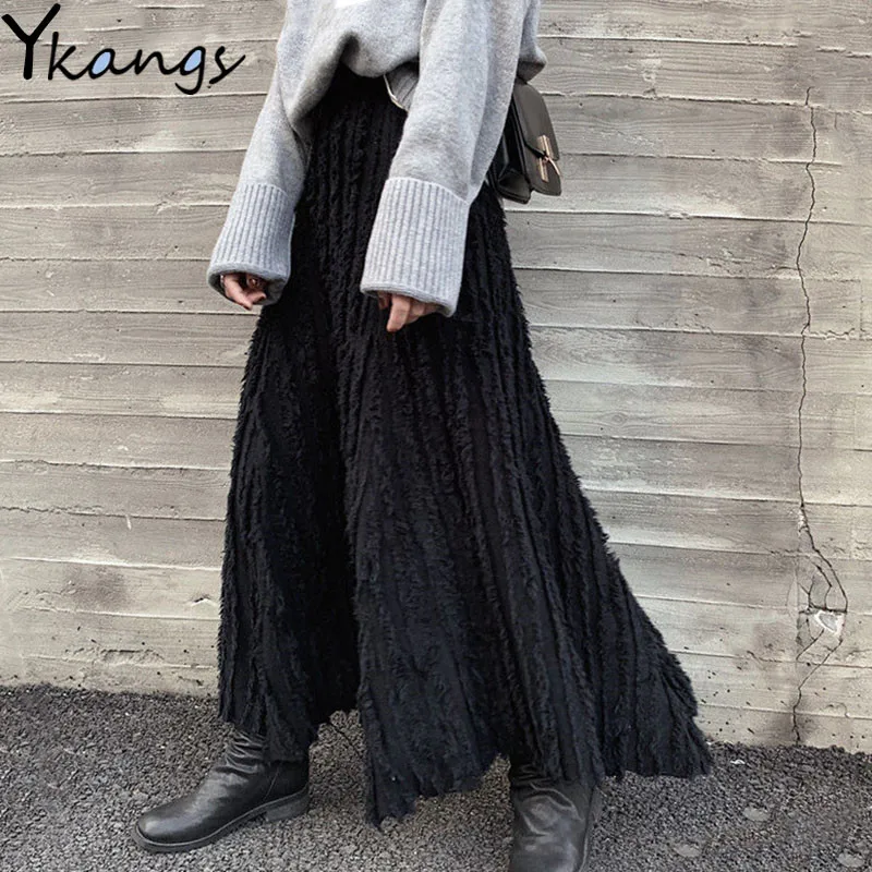 

Gotic Long Black Knitted Skirt Women Winter Fringed Knit Irregular Skirt 2020 Autumn Korean Style Female Tassel High Waist Skirt