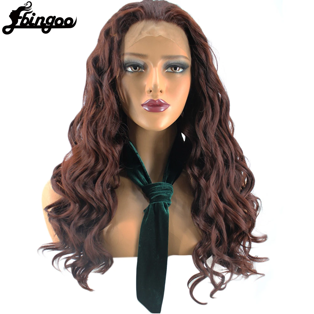 

Ebingoo High Temperature Fiber Natural Long Curly Wigs Free Parting Dark Brown Synthetic Lace Front Wig For Women