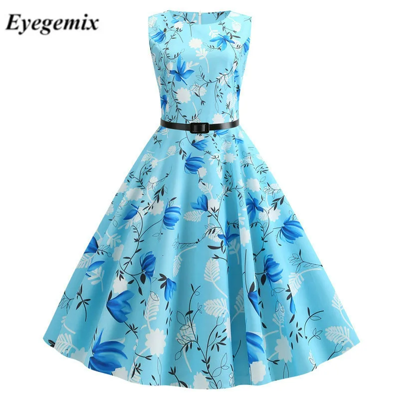 

Floral Print Women Summer Dresses 2019 Fashion O-neck Sleeveless Tank Robe Vintage 50s 60s Rockabilly Dress Pinup Swing Belt