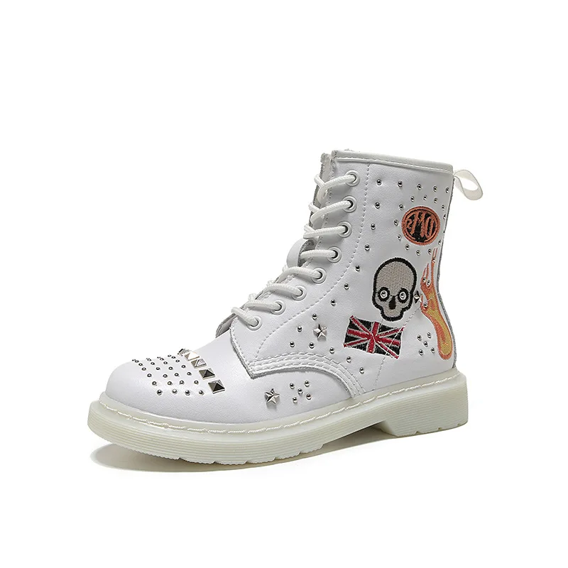 Autumn Winter Skull Rivet Women Ankle Boots White Genuine Leather Woman Boots Round Toe Lace Up Shoes Motorcycle Female Footwear