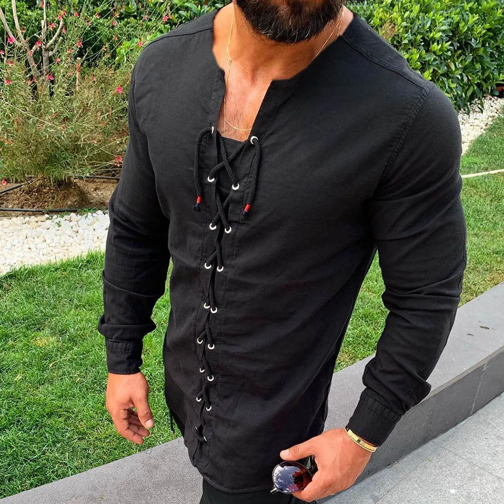 

PUIMENTIUA 2019 New Men Casual Shirts Solid Color Tether Cotton Linen Shirt Slim Fit Social Harajuku V-Neck Long Sleeve Shirts