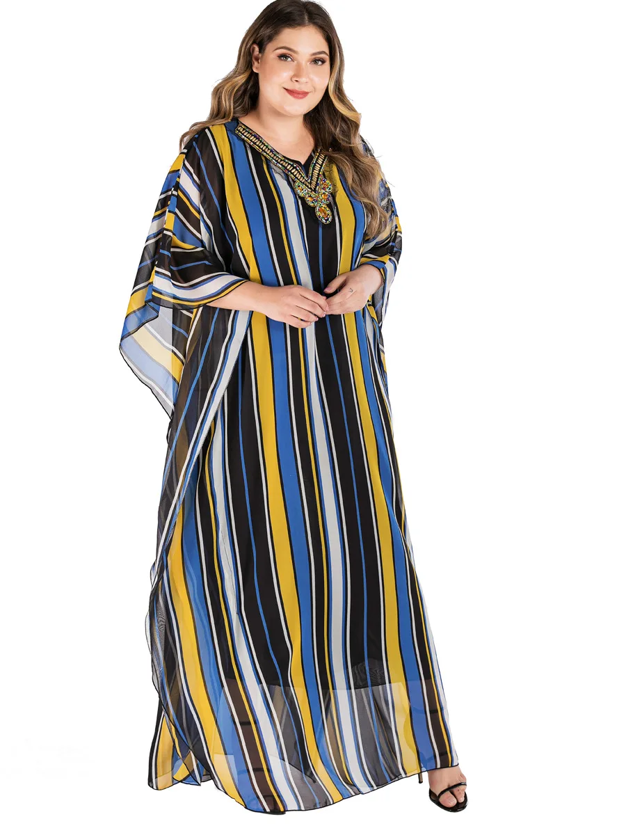 Мусульманская женская одежда abaya, комплект из бисера, Модное шифоновое платье с v-образным вырезом и принтом, Дубай, Турция, женское платье большого размера
