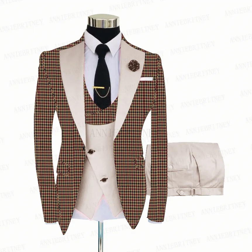Fashion Burgundy Plaid Men Suits 3 Pieces Formal Slim Fit Business Blazer Sets Groom Prom Wedding Suit Tuxedo Costume Homme