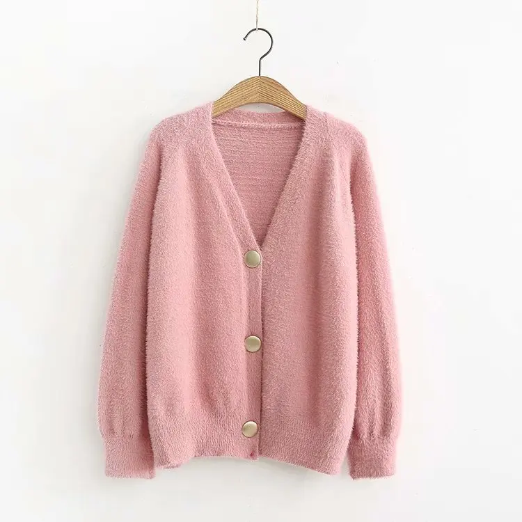 Loose Cardigan Sweater Women Gold Buckle Knitted Jacket Coat Solid Color V Neck Cardigan Autumn Winter Women Clothes - Цвет: Pink