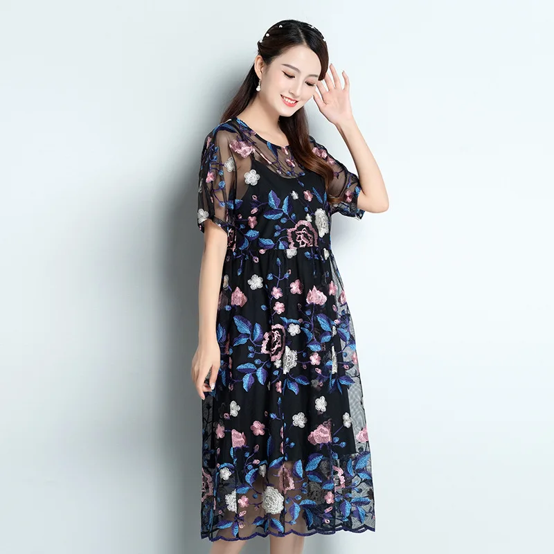 

Embroided Dress Women's Two-color Flower Loose And Plus-sized Cover Belly Slimming Tibetan Meat by Age Mid-length Summer