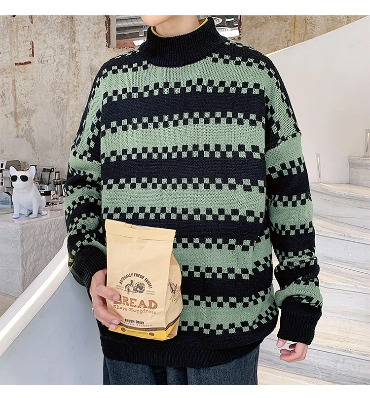 Winter Sweater Men Warm Fashion Contrast Color Casual Knit Sweater Man Sweter Clothes Loose Long-sleeved Pullover Male Clothes
