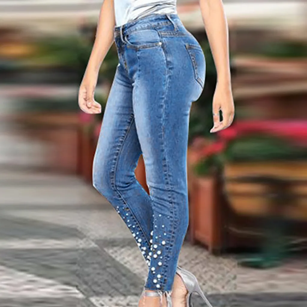 Женские джинсы с высокой талией, брюки уличная, тянущиеся Брюки-клеш с вышивкой леггинсы облегающие для фитнеса, джинсовые брюки-карандаш, женские брюки