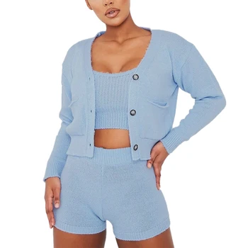 

Kintting Three Piece Sets Women Crop Tank Tops Long Sleeve Short Cardigan Elastic Waist Shorts Sweaters Suits Ladies Jumpers Set
