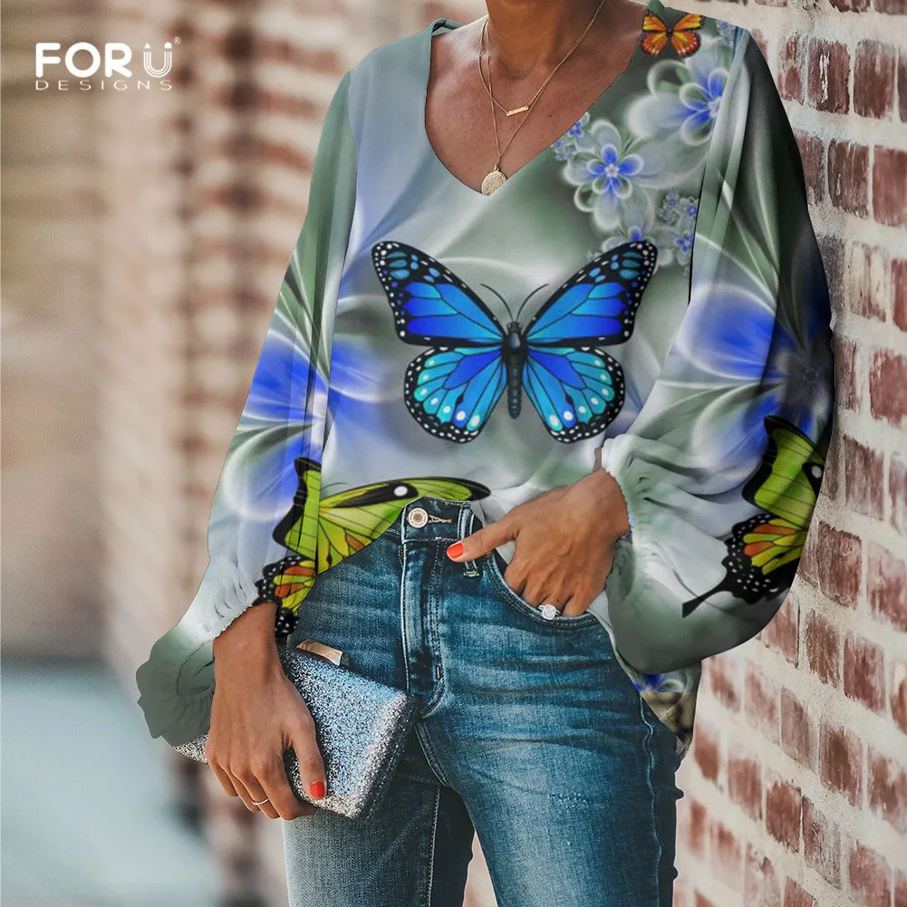 FORUDESIGNS/женские шифоновые топы с красивыми бабочками, модные женские блузки с длинными рукавами, весенние Рубашки - Цвет: HMQ077B2
