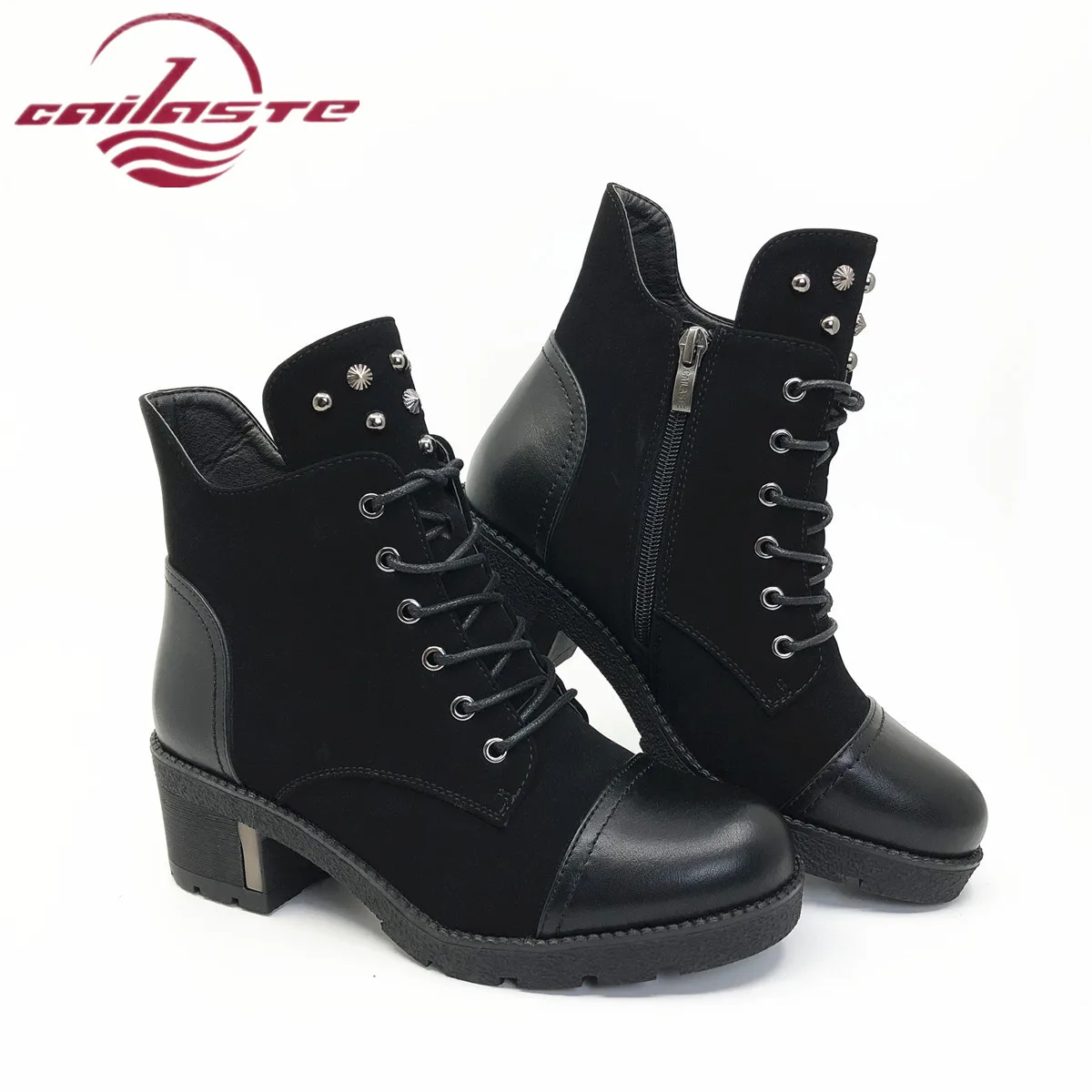 

CAILASTE women thick high heel shoes winter splice leather warm plush shoelace zipper rivet decoration shoes for ladies fashion