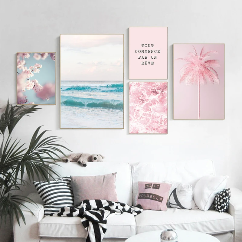 Северная Европа плакат пейзаж Розовый Морской печатью украшение на стену