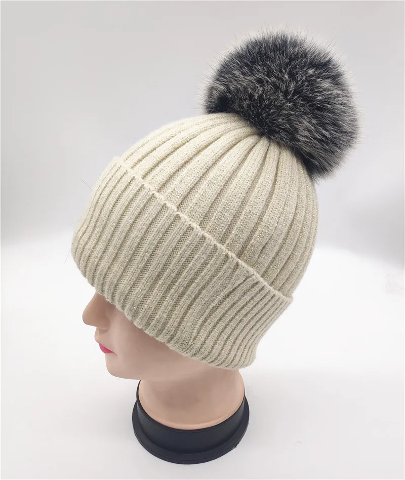 Зимняя женская повседневная шерстяная вязаная шапка в полоску Skullies, женская теплая вязаная шапка с помпонами из натурального меха Gorros