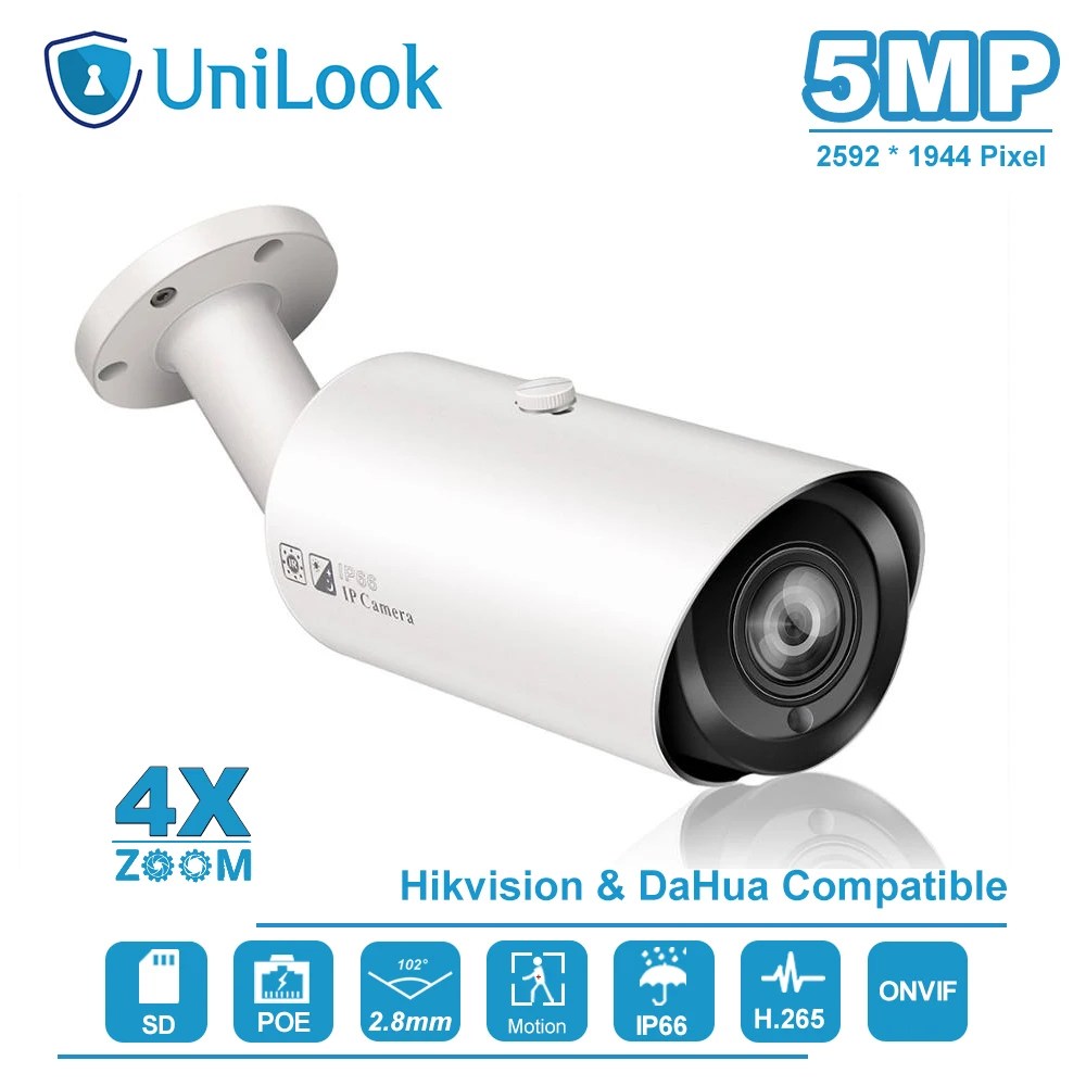 

UniLook(Hikvision compatible) 5MP Bullet IP Camera Motorized 4X Optical 2.8~12mm Outdoor Security Waterproof IP66 H.265 ONVIF