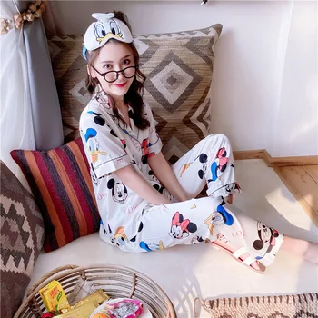 

Popular Pajamas Women's Artificial Silk Summer Short-Sleeved Trousers Leisure Set Silk Cardigan Pajamas Sleepwear pijama mujer