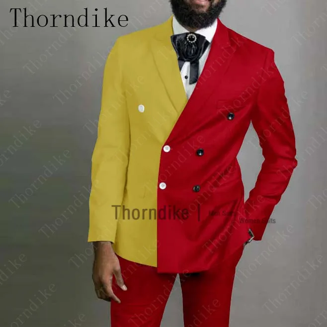 Thorndike New Design Yellow and Red Stitching Wedding Tuxedo Double Breasted Men Business Work Wear Prom Party Suits 2 Piece | Мужская