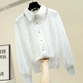 

White Pink Blouse Woman Pleated Bead Chain Tassel Shirt Women's Single Breasted Temperament Blouse Blouses Blusas Femme