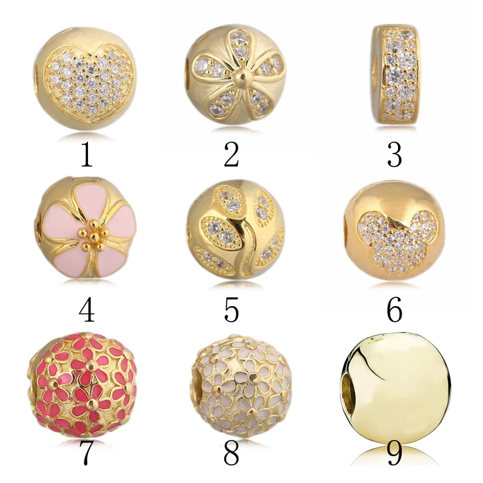 

925 Silver Clips Gold Colour Daisy Love Heart Minnie Pave Clear CZ Bead Charm fit Lady Bracelets & Bangles DIY Jewelry