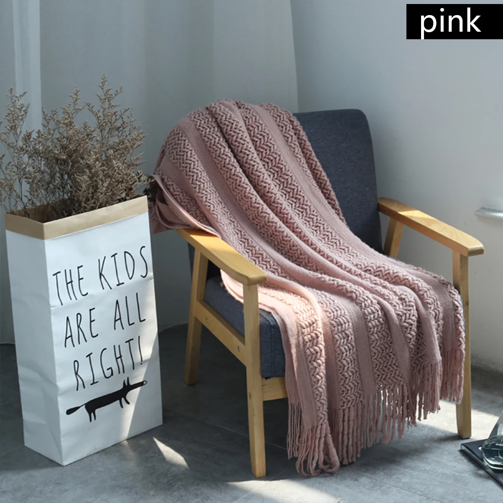 pink Нитяное одеяло, полотенце, одеяло, мягкое теплое покрывало, кондиционер, одеяло с кисточкой для кровати/дивана/офиса/кемпинга/Путешествия/сна - Цвет: pink