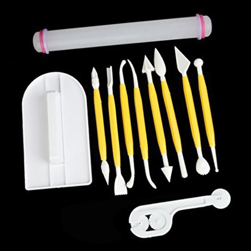 11pcs/Set Sugarcraft Icing Cake Smoother Fondant Mould Cutter Embosser Rolling Pin Modeling Tool Kit Set JS21