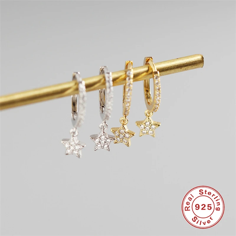 

GS 925 Sterling Silver Stud Earrings For Women Eye Slice Charm Small Stud Earring With Hanging Star Zircon Pendientes De Plata