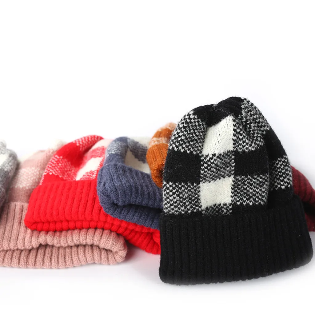 Зимний воротник унисекс плюс бархатная шапочка Толстая клетчатая вязаная теплая шапка для родителей и ребенка Мужская Лыжная шапочка шапка женская шапка czapka damka zimowa