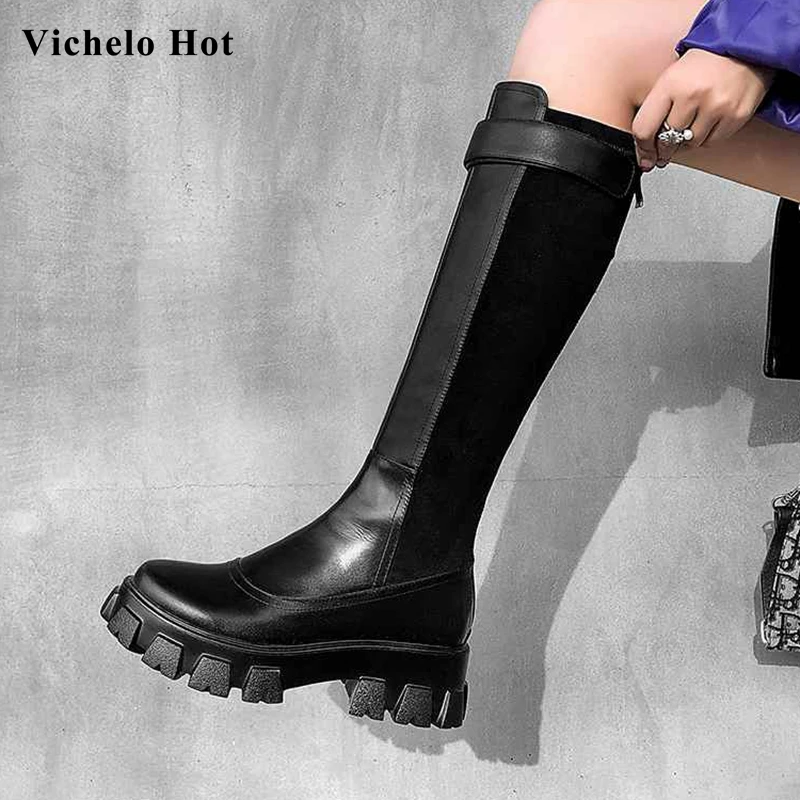

Vichelo Hot high fashion cow leather thick bottom knight boots round toe high heels belt buckle winter women knee high boots L75