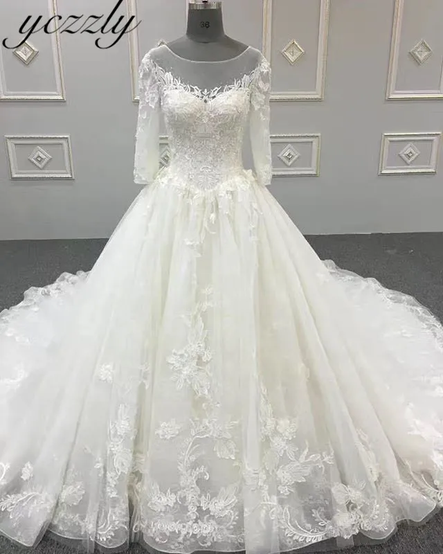 Robe De Mariee винтажное бальное платье с длинными рукавами свадебное платье мусульманское плюс размер кружевное свадебное платье с аппликацией Bruidsjurk YW09