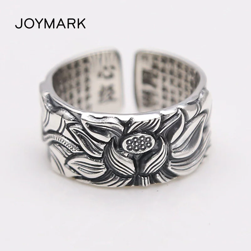 

Vintage S999 Sterling Silver Rings Engraved The Heart Sutra and Lotus Flower Unisex Wide Thai Silver Rings For Men Women TSR118