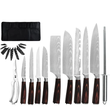 

Japanese kitchen knives Set Laser chef Santoku Bread knife Cleaver Slicing Utility Paring Knives Sharpener+Kitchen Scissors+Bag