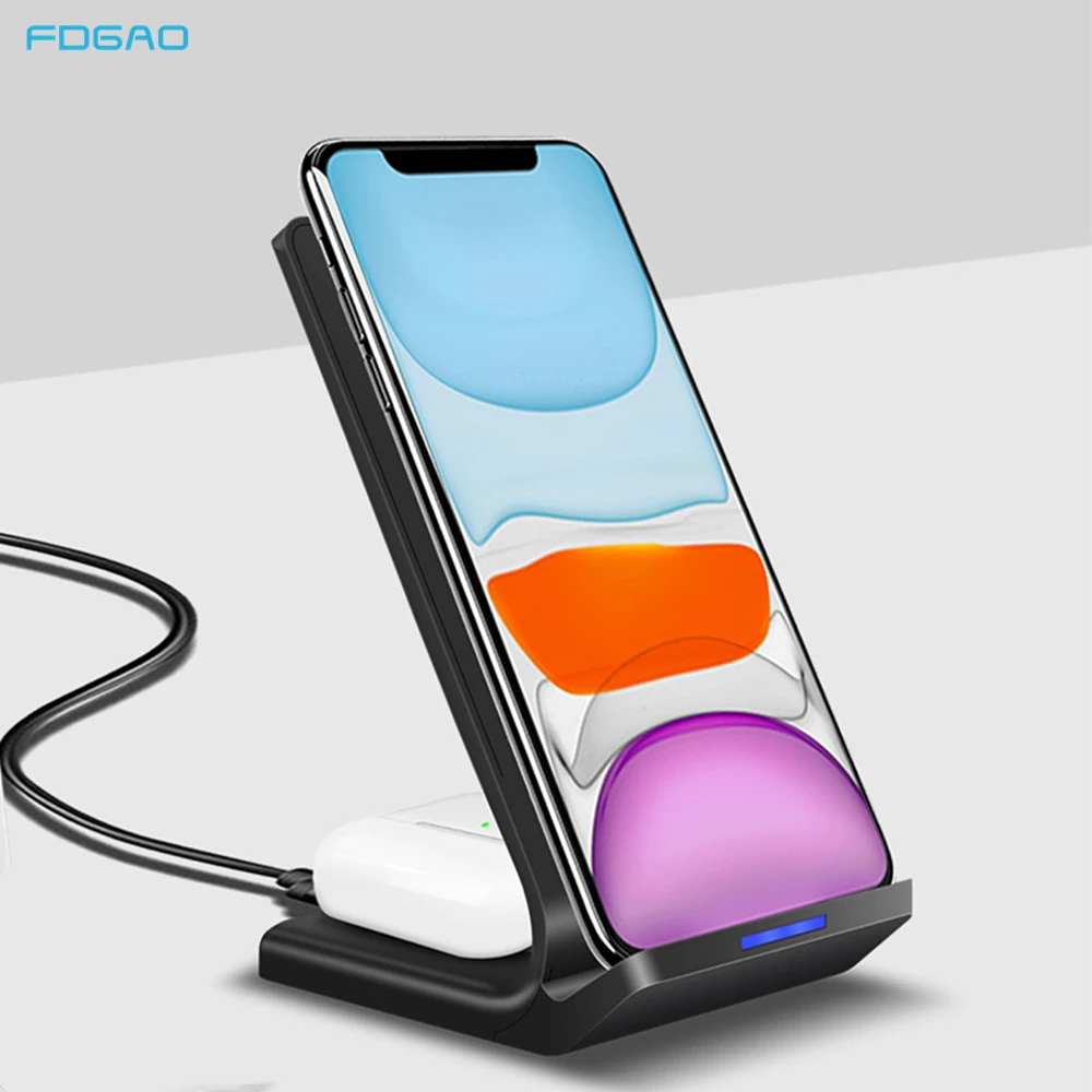Беспроводное зарядное устройство FDGAO 2 в 1 Qi для iPhone 12 11 XS XR X Airpods Pro 15 Вт быстрая