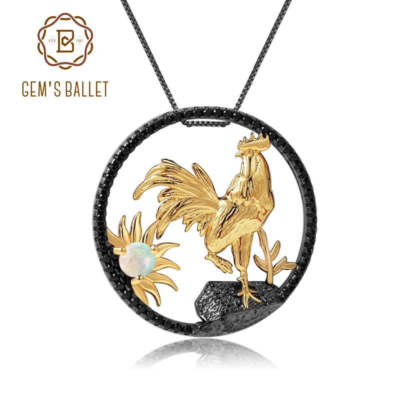 

GEM'S BALLET 925 Sterling Silver Rooster 12 Chinese Zodiac Jewelry For Women Natural African Opal Gemstone Pendant Necklace